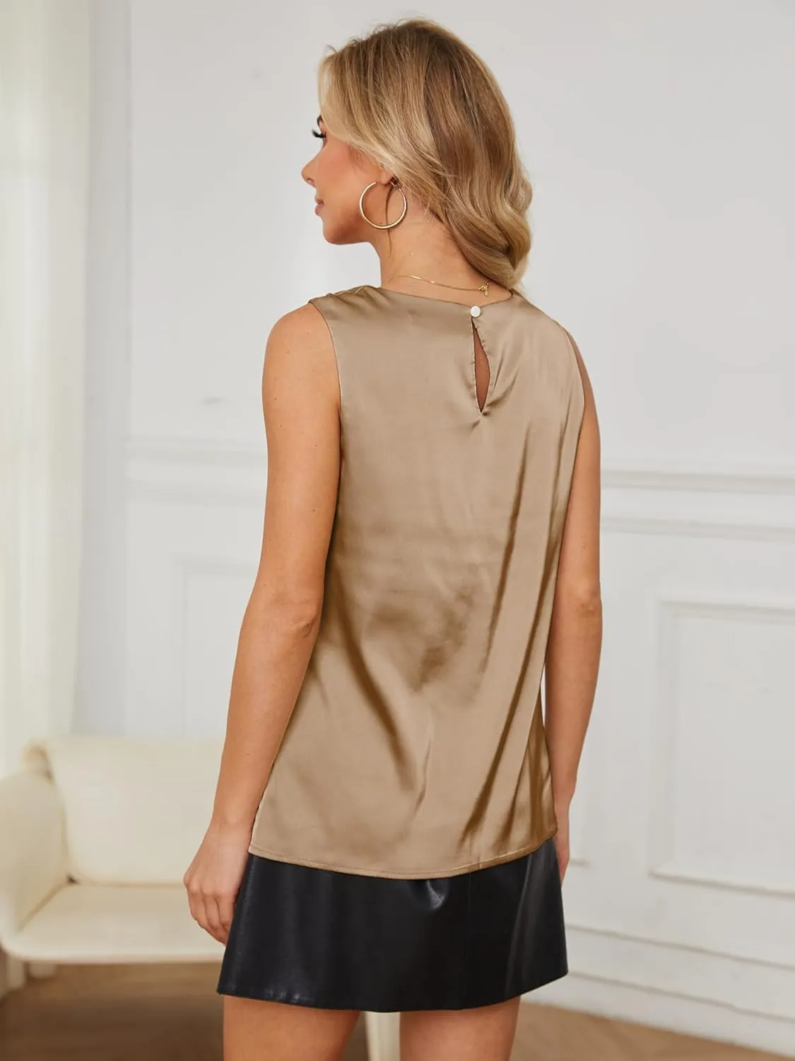 Womens Silk Satin Tank Tops Crew Neck Casual Cami Sleeveless Camisole Blouses Summer Tank Shirt Back Closure