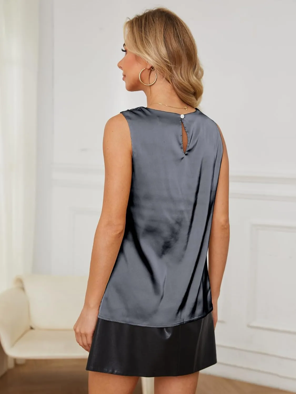 Womens Silk Satin Tank Tops Crew Neck Casual Cami Sleeveless Camisole Blouses Summer Tank Shirt Back Closure