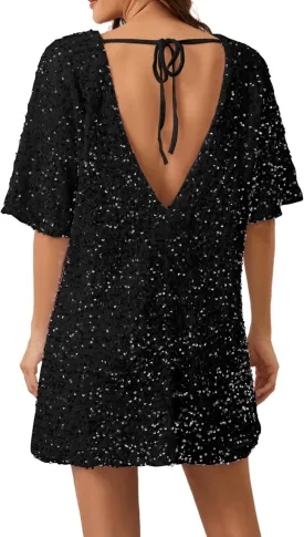 Women's Sparkly Sequin Shirt Mini Dress Party Club Dress Half Sleeve Crewneck Tie Backless Velvet Glitter Dresses