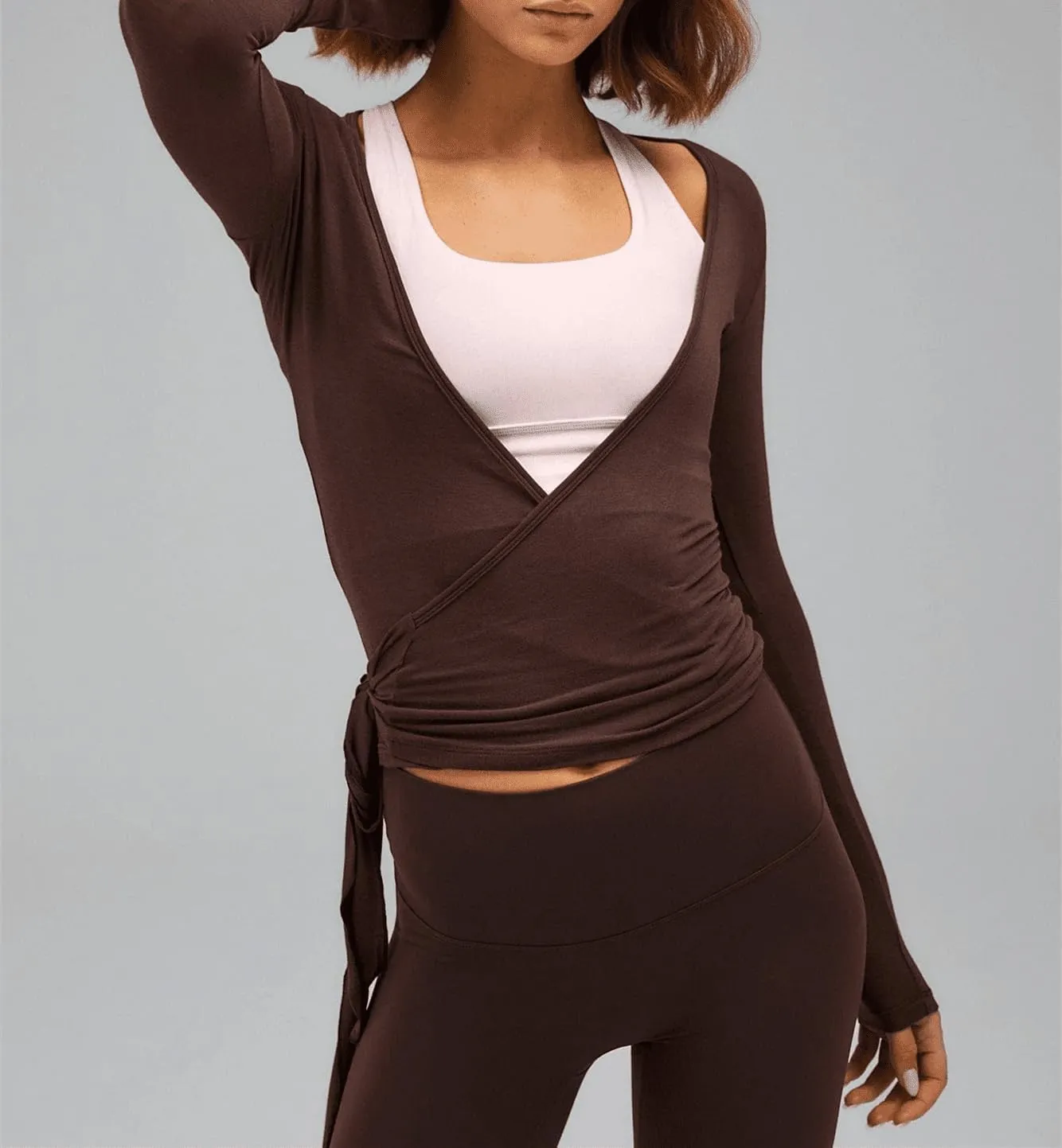 Womens Wrap Top Long Sleeve Tie Front Workout Ballet Pilates Yoga Shirt