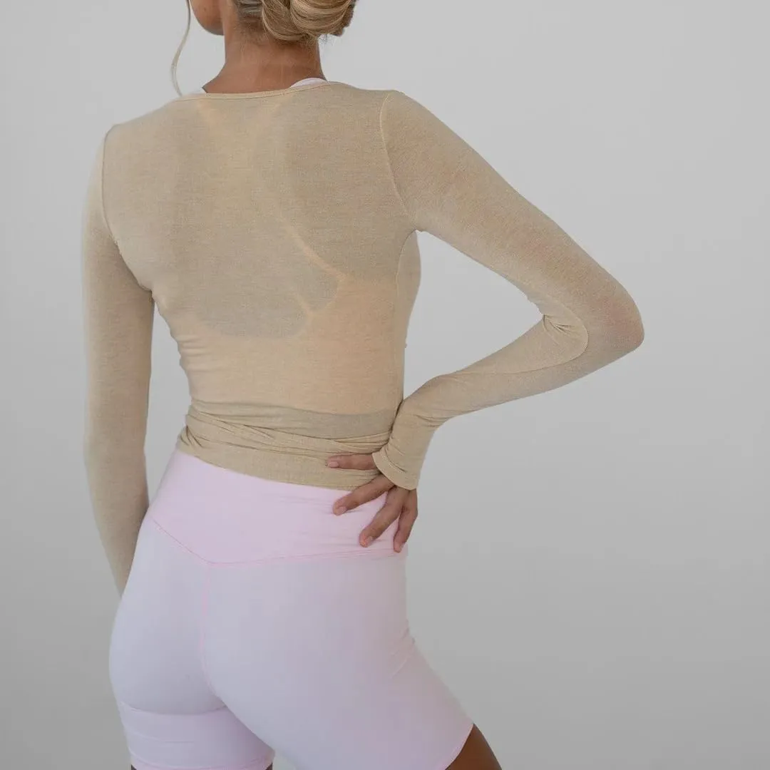 Womens Wrap Top Long Sleeve Tie Front Workout Ballet Pilates Yoga Shirt