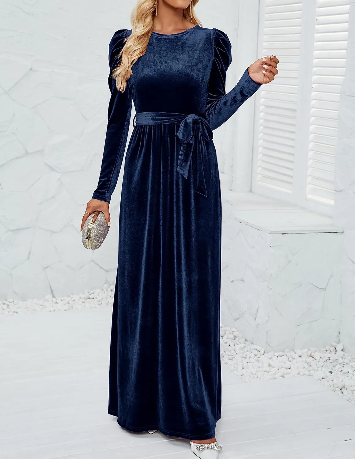 ZESICA Women's Velvet Maxi Dress Long Puff Sleeve Crew Neck Elastic High Waist Cocktail Party Bridesmaid Dresses