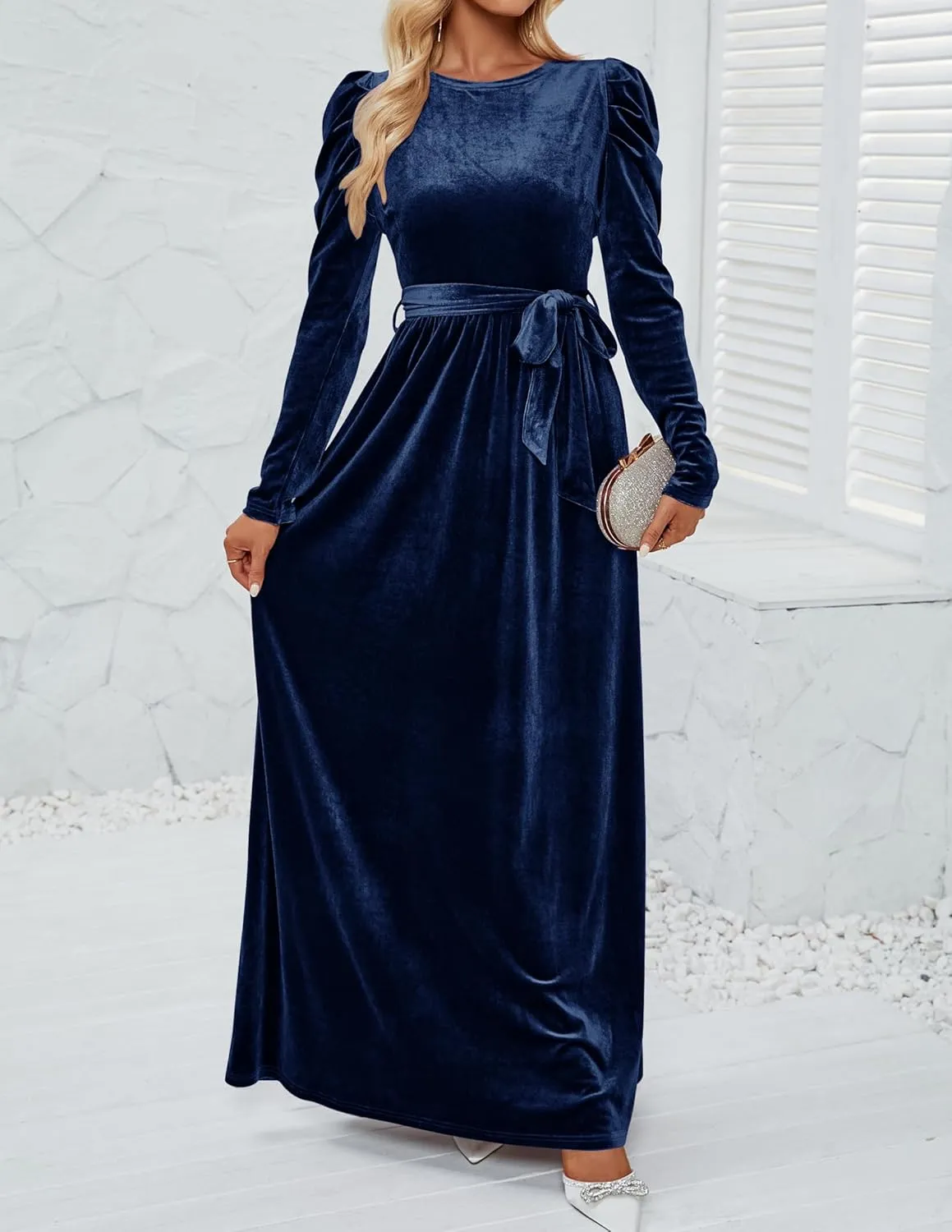 ZESICA Women's Velvet Maxi Dress Long Puff Sleeve Crew Neck Elastic High Waist Cocktail Party Bridesmaid Dresses