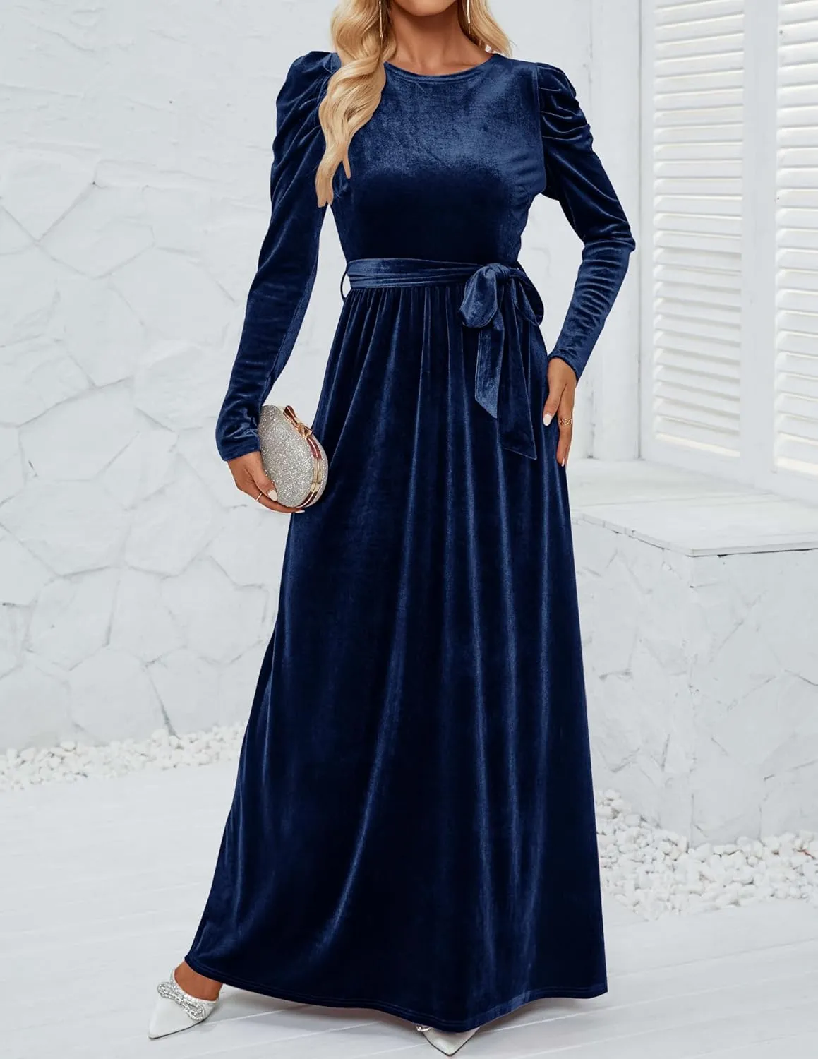 ZESICA Women's Velvet Maxi Dress Long Puff Sleeve Crew Neck Elastic High Waist Cocktail Party Bridesmaid Dresses