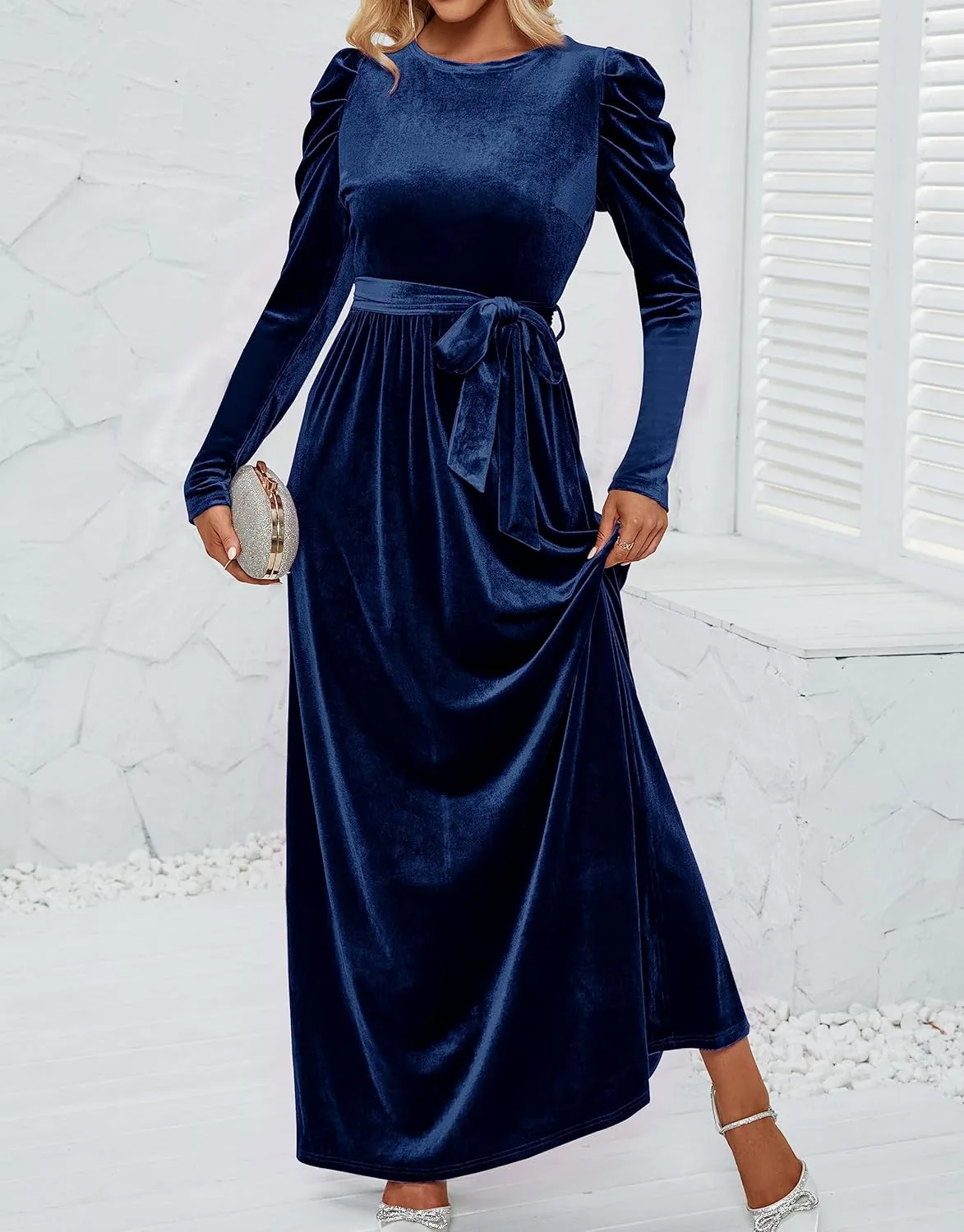 ZESICA Women's Velvet Maxi Dress Long Puff Sleeve Crew Neck Elastic High Waist Cocktail Party Bridesmaid Dresses