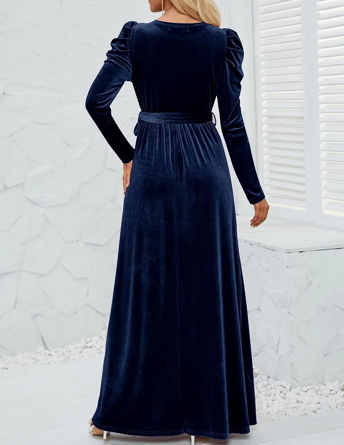 ZESICA Women's Velvet Maxi Dress Long Puff Sleeve Crew Neck Elastic High Waist Cocktail Party Bridesmaid Dresses
