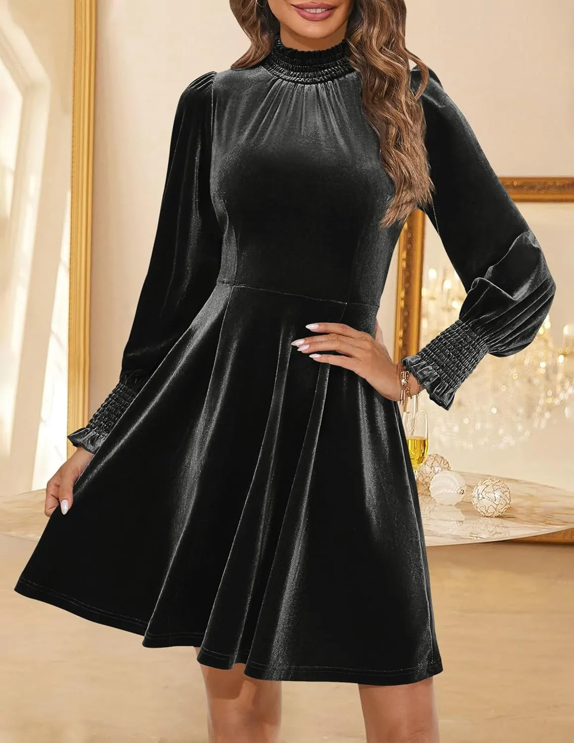 ZESICA Women's Velvet Mini Dresses Spring Long Sleeve High Neck Elastic Waist A Line Flowy Party Dress