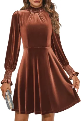 ZESICA Women's Velvet Mini Dresses Spring Long Sleeve High Neck Elastic Waist A Line Flowy Party Dress
