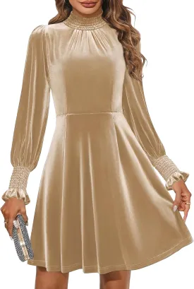 ZESICA Women's Velvet Mini Dresses Spring Long Sleeve High Neck Elastic Waist A Line Flowy Party Dress